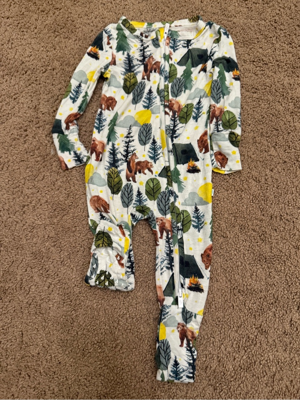 Posh Peanut Woodland Bear Print Footie - Green, Brown, Yellow